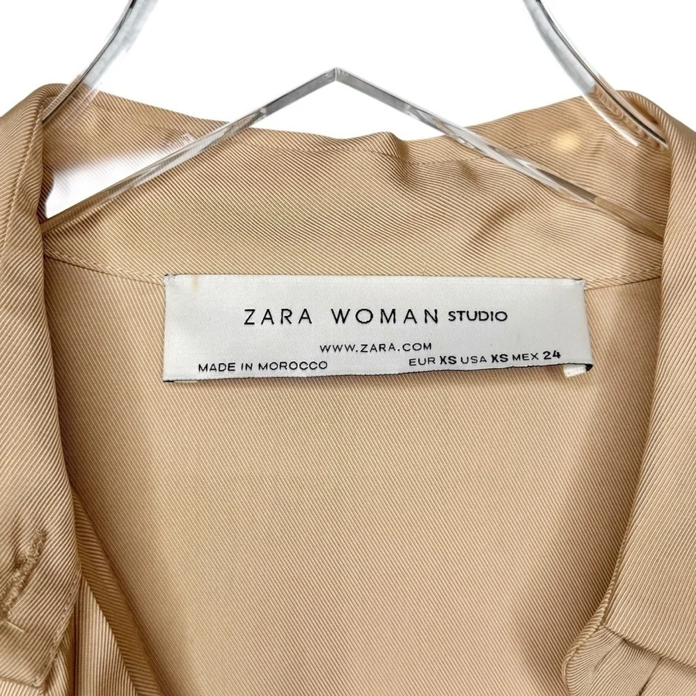 Zara Studio Safari Shirt Dress Tan Midi Belted Utility Quiet Luxury Sz XS